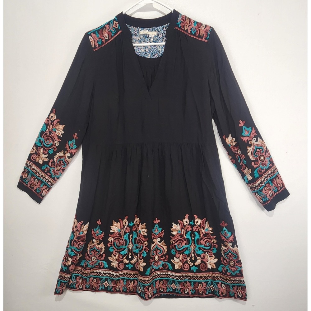 Anthropologie Floreat Women's Floral Embroidered Relaxed Dress Black Size M